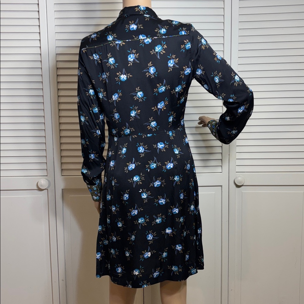 Sandro Black Long-Sleeves Floral Shirt Dress with Blue Rose Print Size 4 - Picture 10 of 16